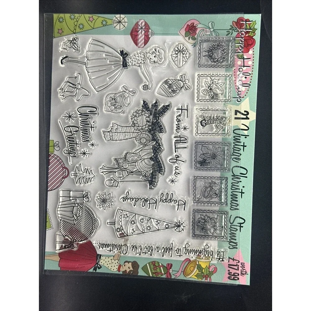 Happy Holidays 21 Vintage look Christmas Cling Stamp Set Retro Cardmaking UK 50s